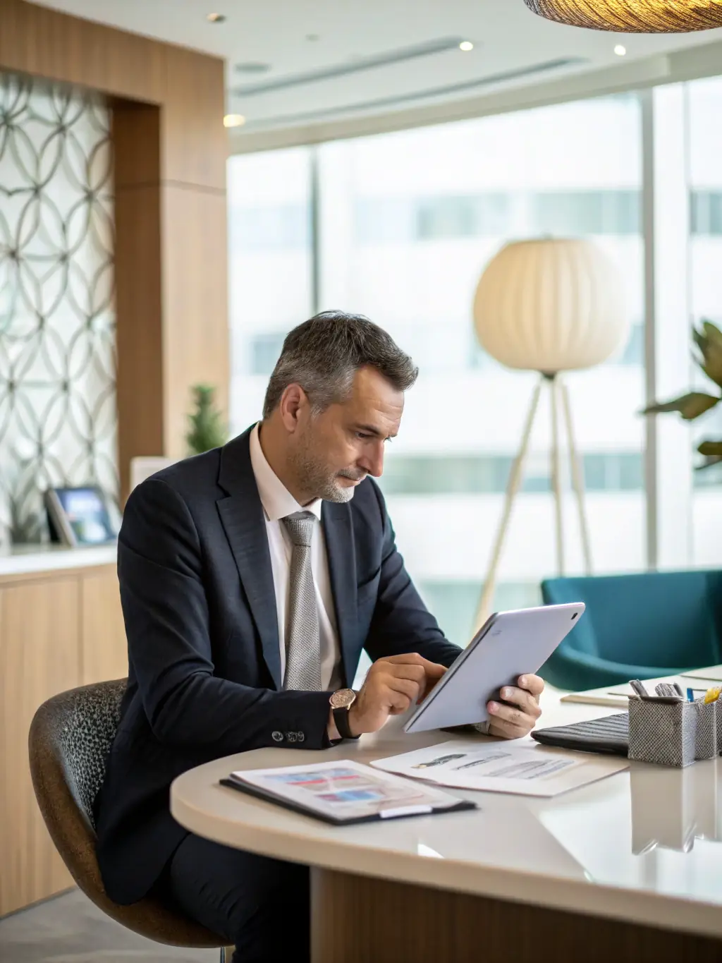 A professional businessman confidently reviewing an automated weekly performance report on his tablet, showcasing the data-driven insights provided by Lead Promptly.