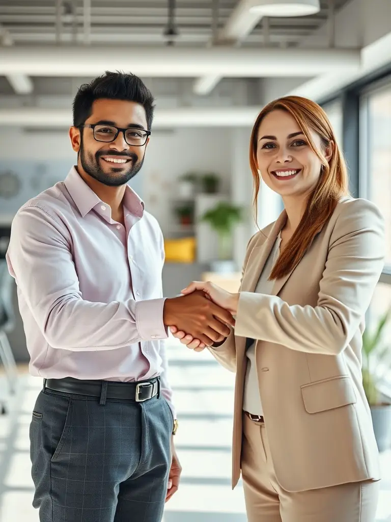 A handshake symbolizing a satisfaction guarantee, with a background showcasing happy clients and successful lead generation results.